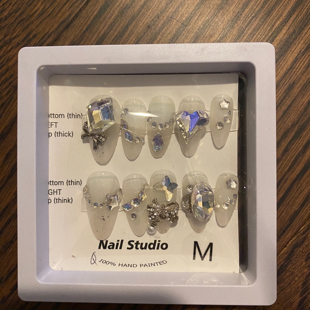 Press on Nails White and Crystal Diamonds Almond Shape Vacation Style Full Set